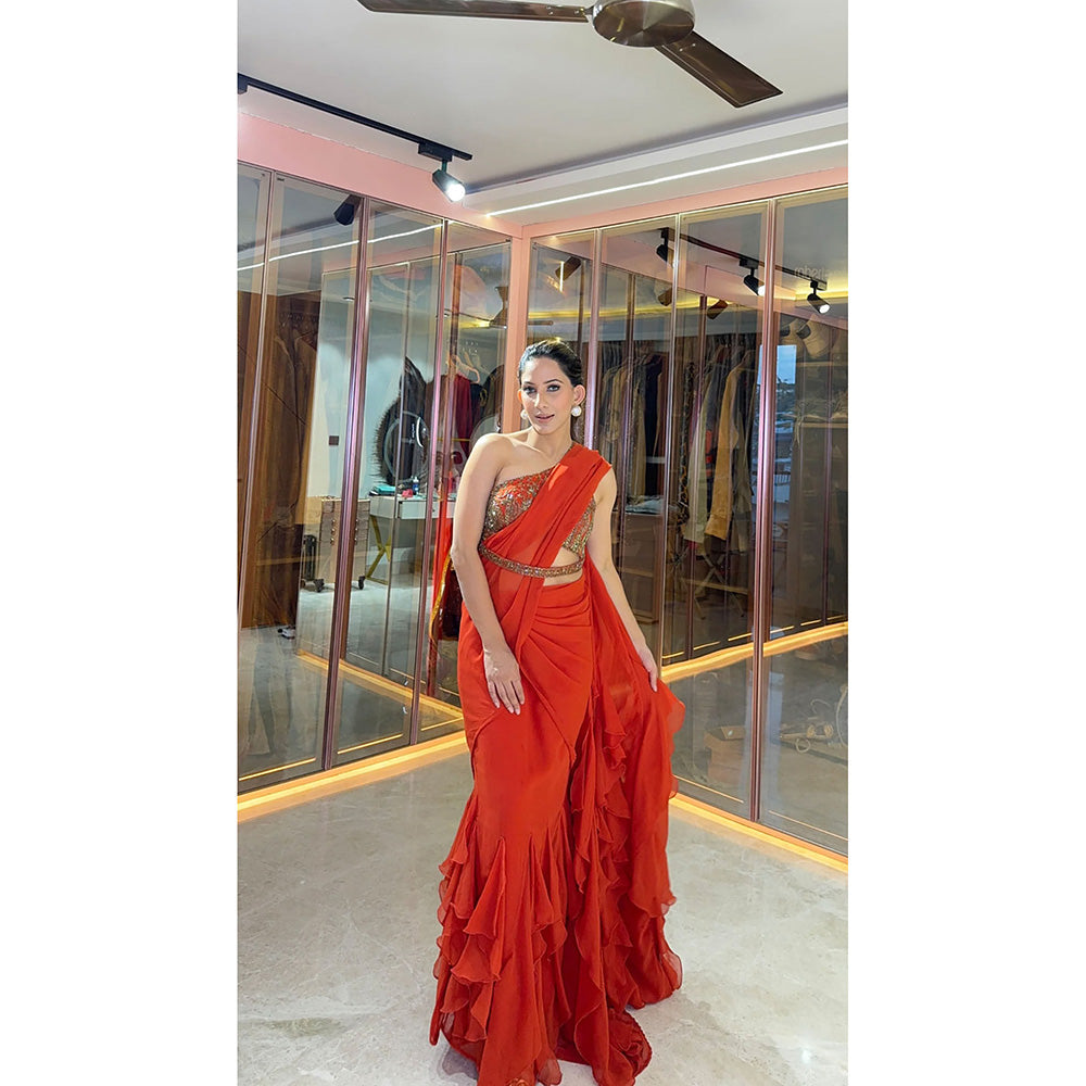 Glamique by Gungun Orange Ruffle Saree with Stitched Blouse and Belt