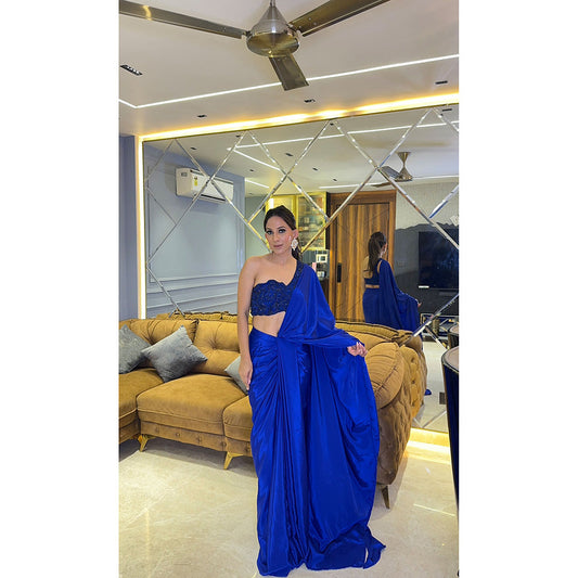 Glamique by Gungun Blue One Shoulder Saree with Stitched Blouse