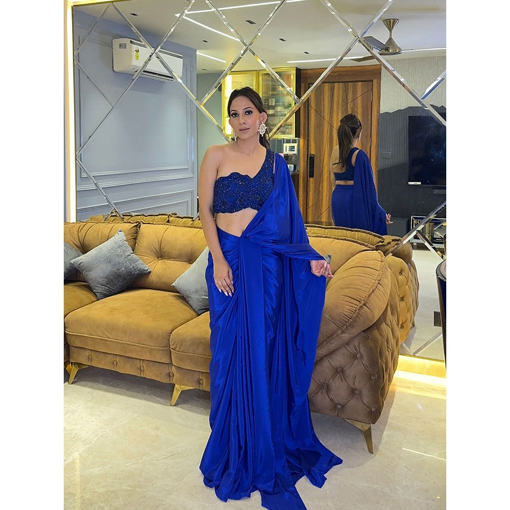 Glamique by Gungun Blue One Shoulder Saree with Stitched Blouse