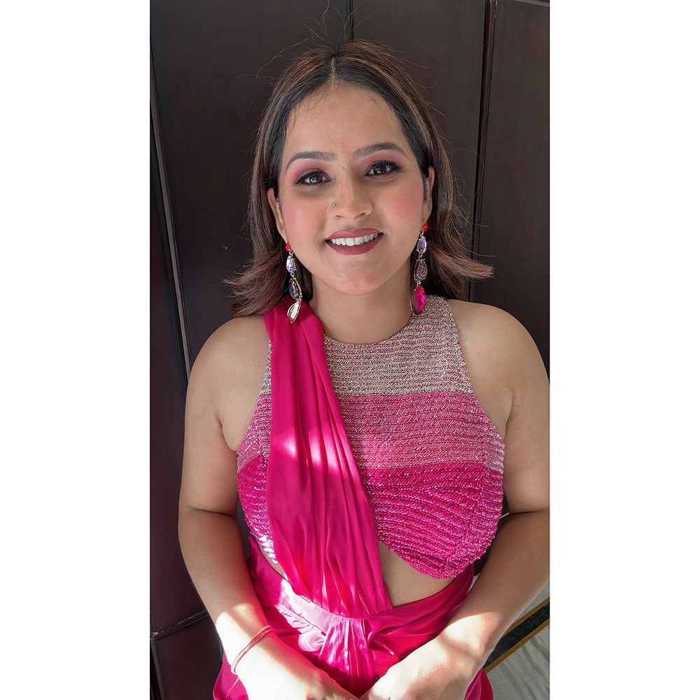 Glamique by Gungun Pink Halter Neck Saree with Stitched Blouse
