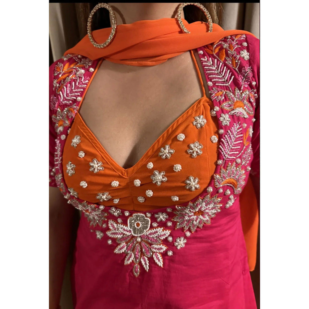 Glamique by Gungun Pink High Low Kurta with Pant and Dupatta (Set of 3)