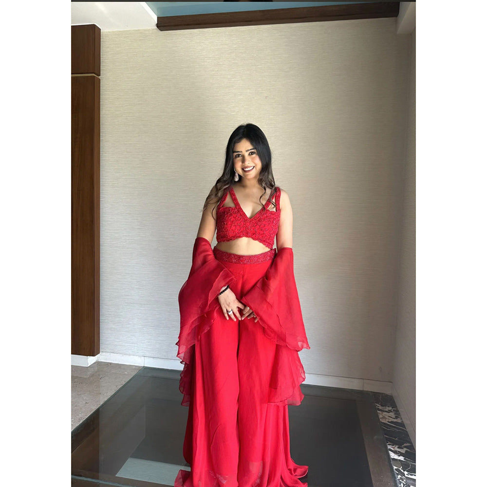 Glamique by Gungun Red Sharara with Blouse and Dupatta (Set of 3)