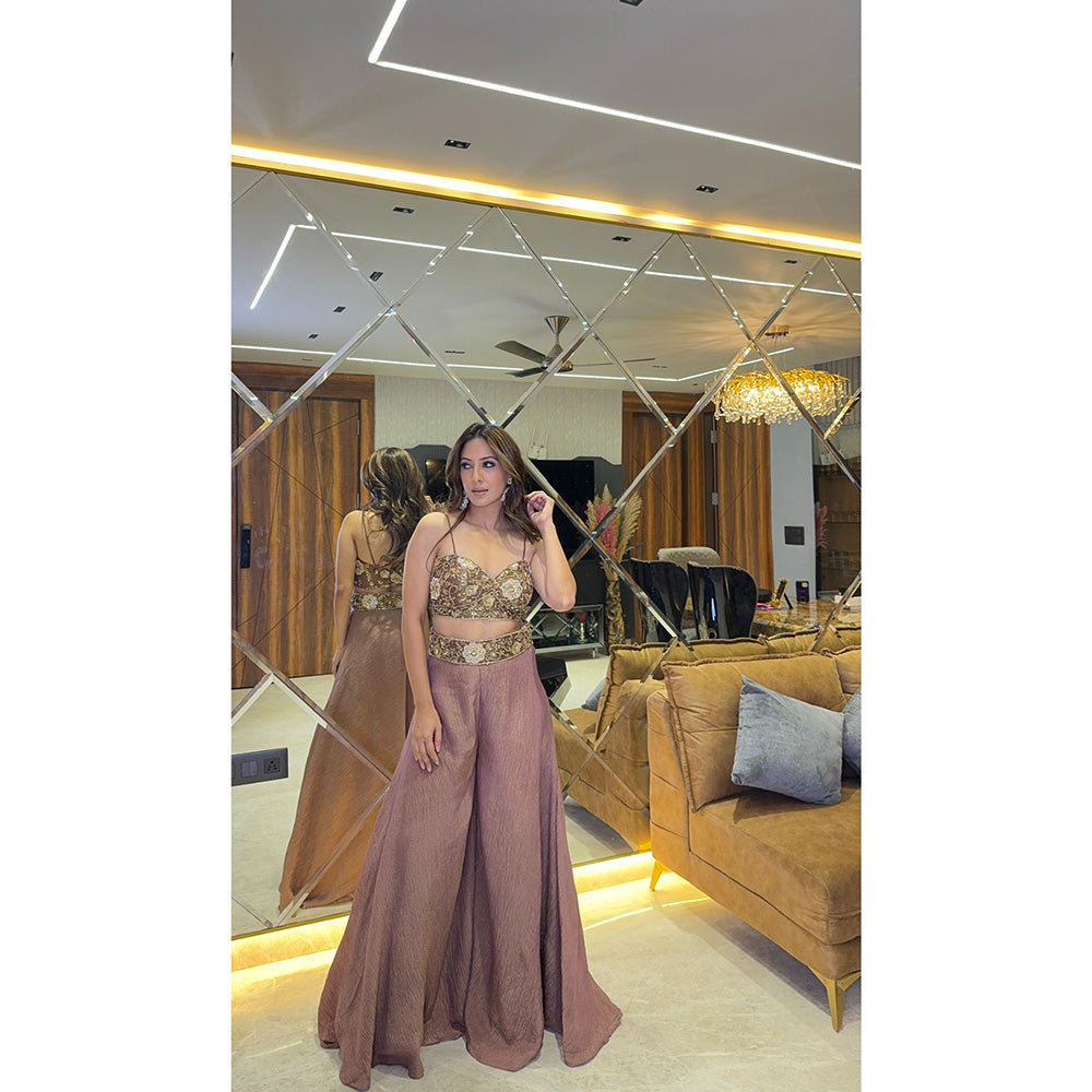 Glamique by Gungun Tissue Taupe Jacket with Blouse and Palazzo (Set of 3)