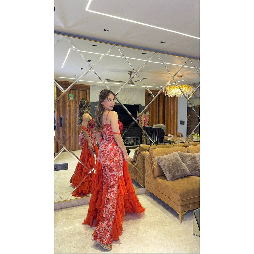 Glamique by Gungun Women Red Ruffle Top with Sharara and Dupatta (Set of 3)