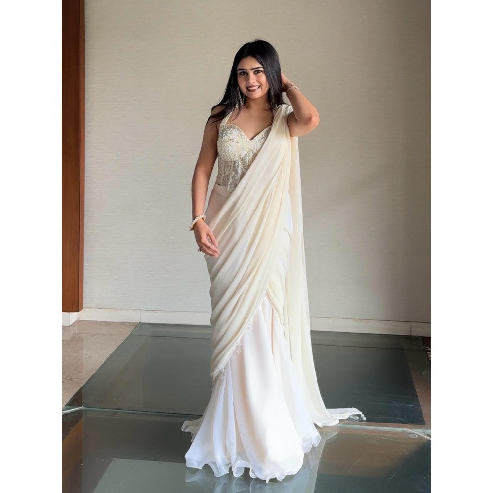 Glamique by Gungun White Pre-Draped Saree with Stitched Blouse