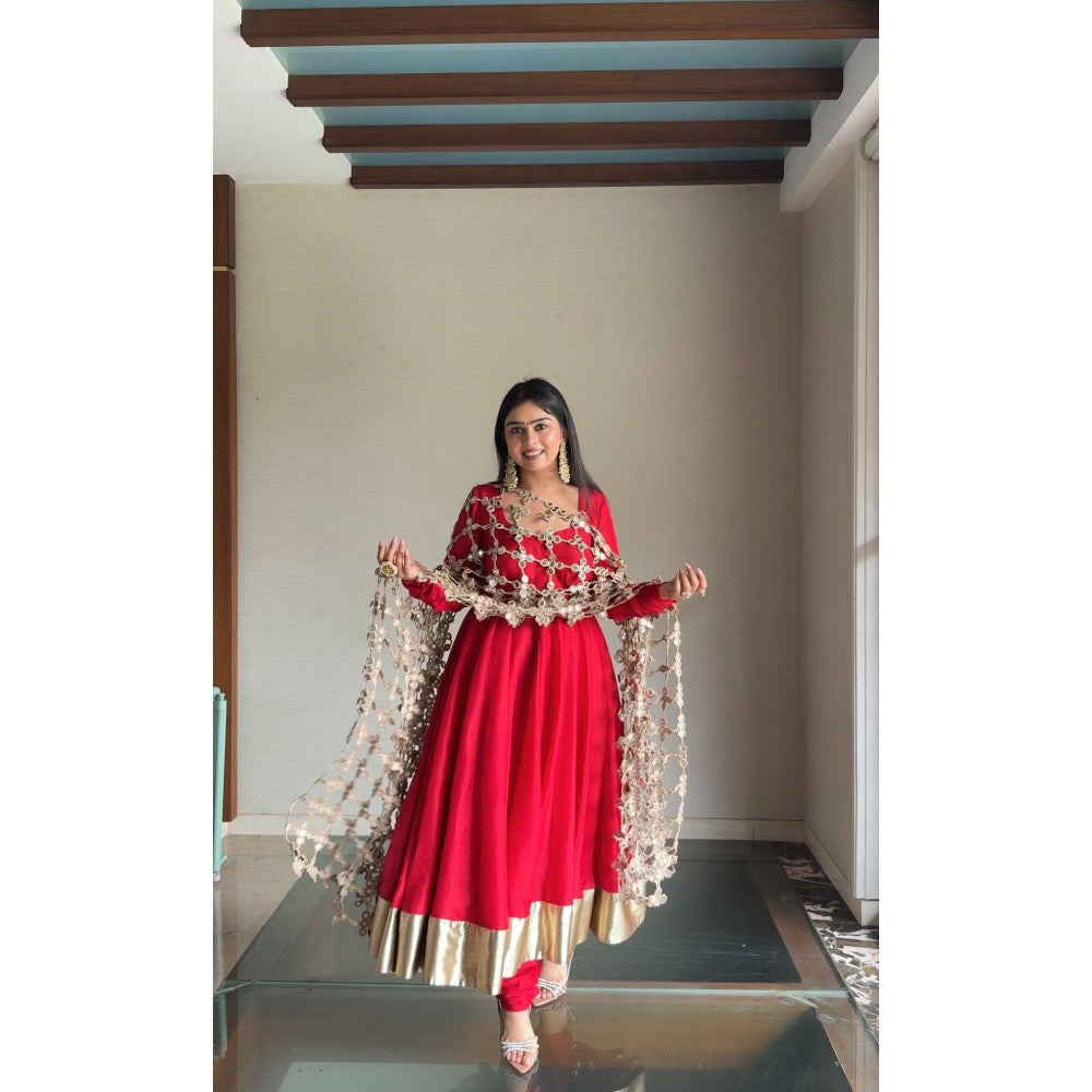 Glamique by Gungun Red Sheesh Mahal Anarkali with Churidar and Dupatta