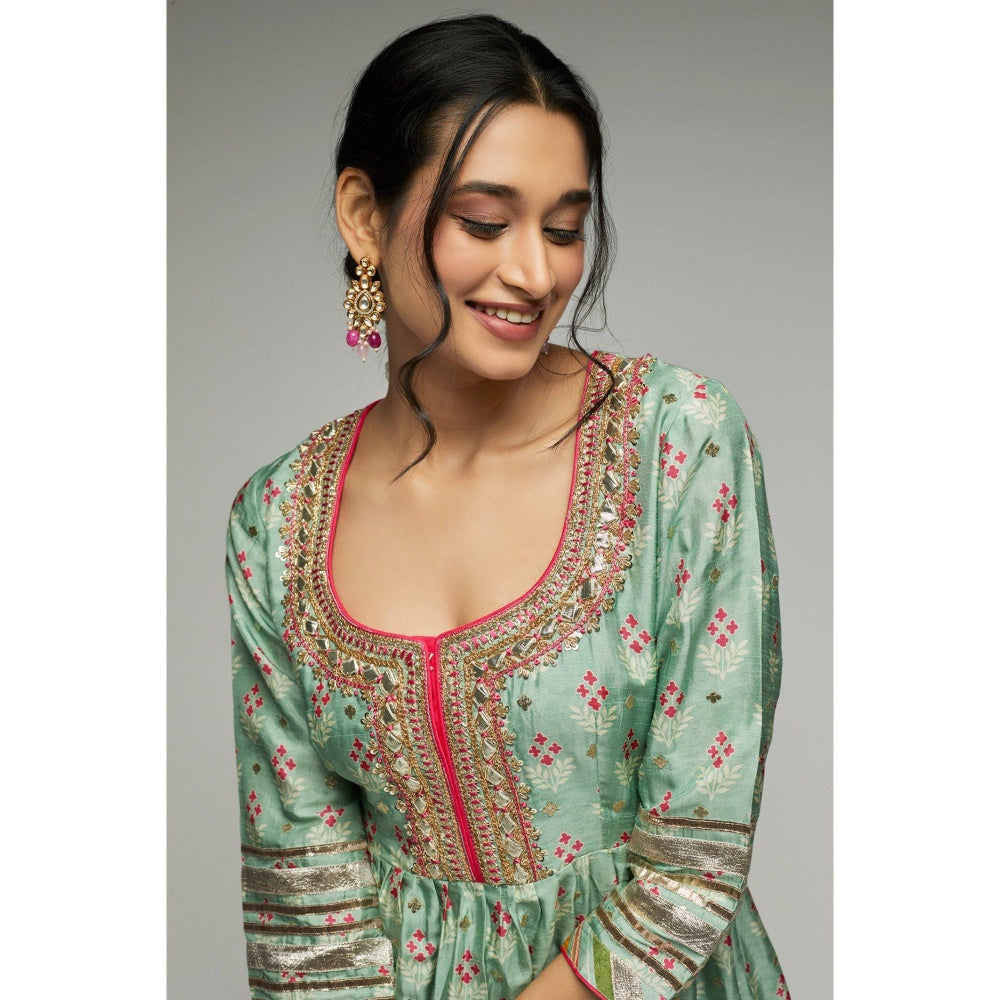 Gopi Vaid Green Tilla Peplum Garara (Set of 3)