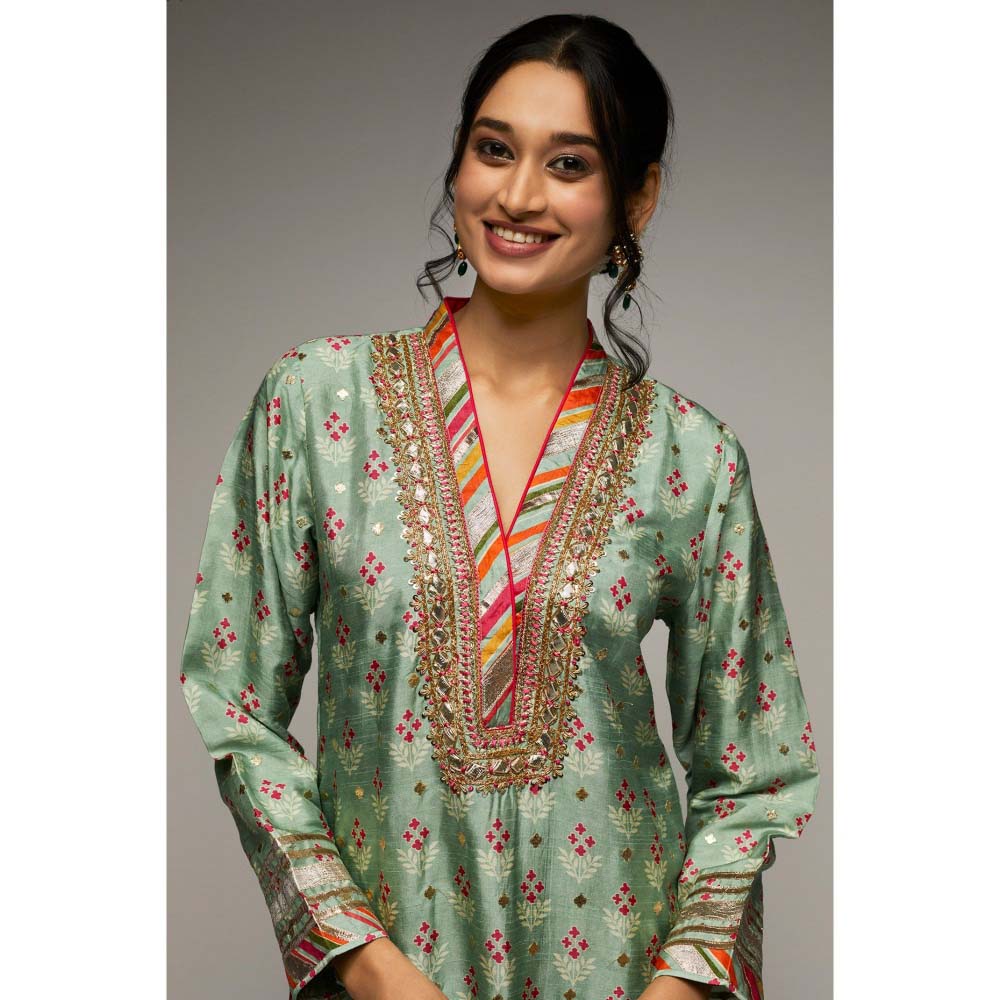 Gopi Vaid Blue Tilla V-Neck Kurta Palazzo with Dupatta (Set of 3)