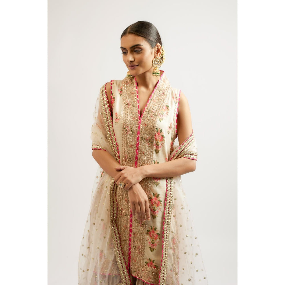 Gopi Vaid Ivory Dhriti Sleeveless Sharara with Kurta and Dupatta (Set of 3)