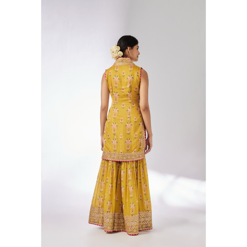 Gopi Vaid Mustard Dhriti Sleeveless Sharara with Kurta and Dupatta (Set of 3)