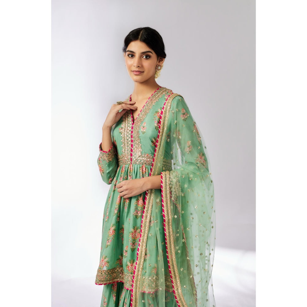 Gopi Vaid Green Samiksha Peplum Kurta with Sharara and Dupatta (Set of 3)