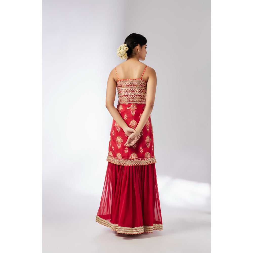 Gopi Vaid Red Chhaya Strappy Sharara with Kurta and Dupatta (Set of 3)