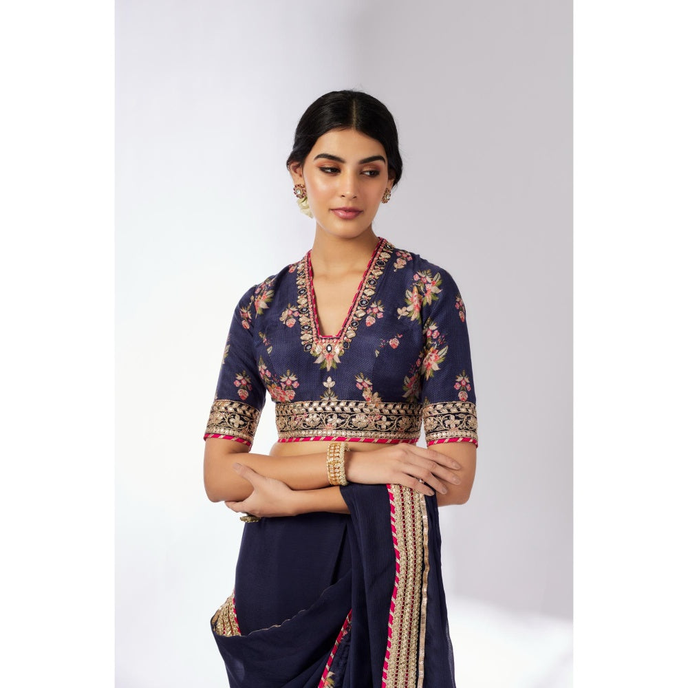 Gopi Vaid Navy Blue Anisha Saree with Stitched Blouse and Petticoat