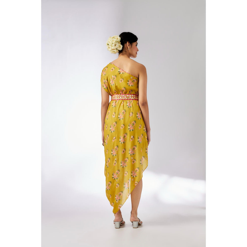 Gopi Vaid Mustard Zoya Midi Dress with Belt (Set of 2)