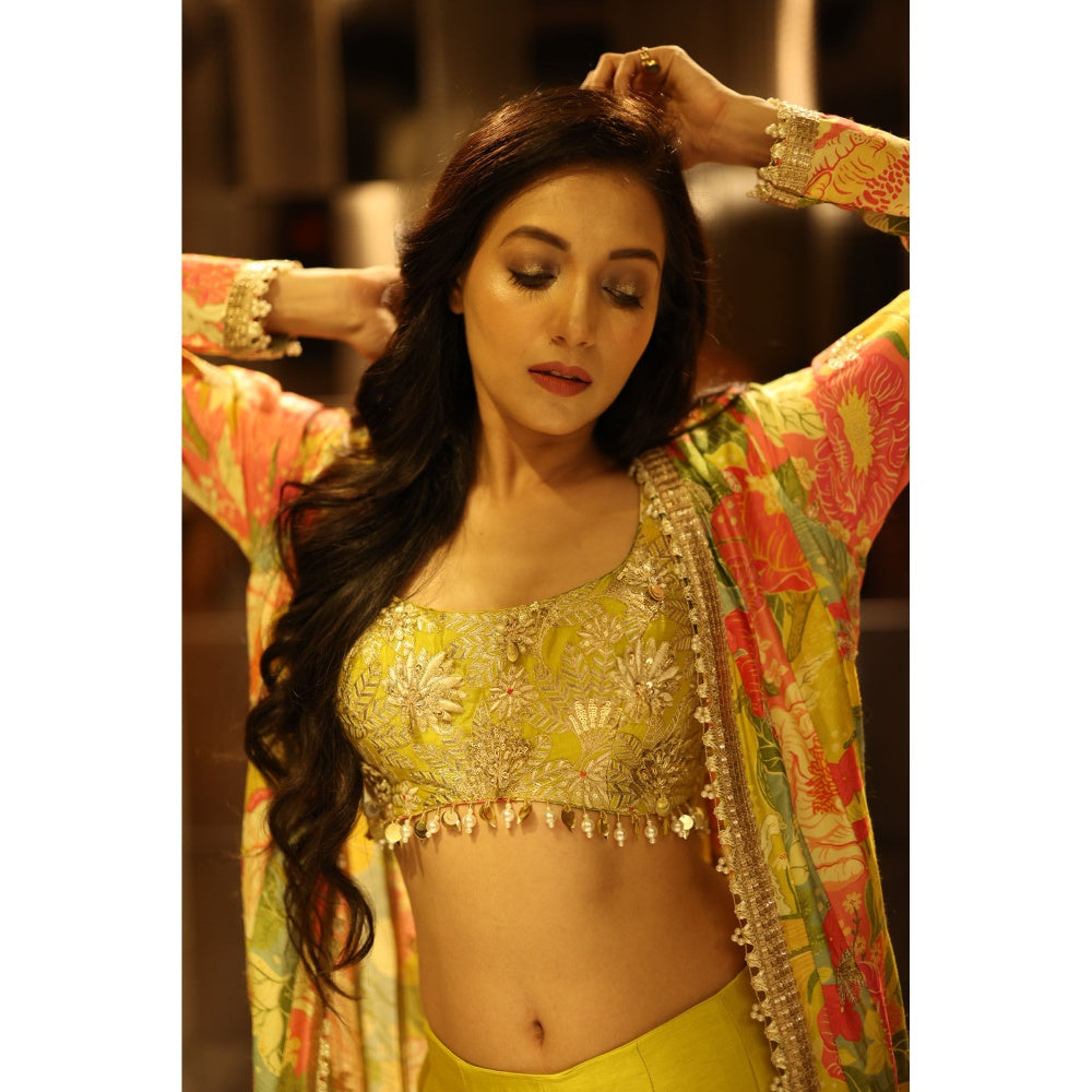Gopi Vaid Yellow Parul Cape with Blouse and Flared Pant (Set of 3)