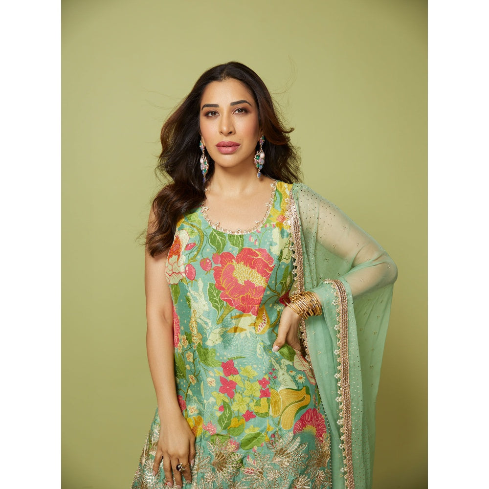 Gopi Vaid Green Sofian Sharara with Kurta and Dupatta (Set of 3)