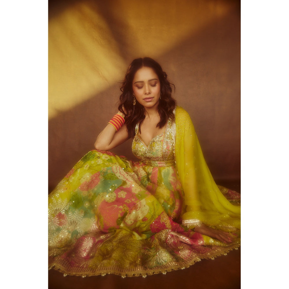 Gopi Vaid Multi-Colour Nusrat Anarkali with Palazzo and Dupatta (Set of 3)
