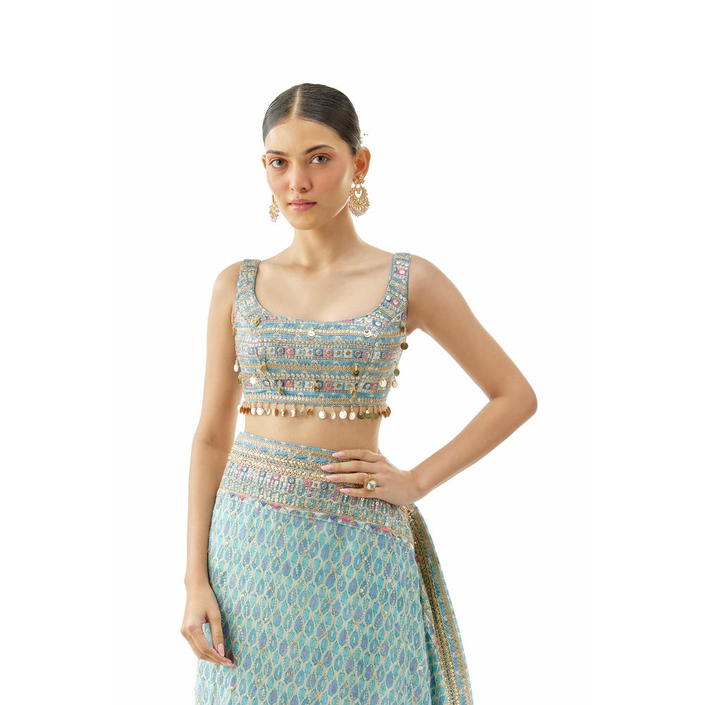 Gopi Vaid Bela Saree with Stitched Blouse and Petticoat- Blue