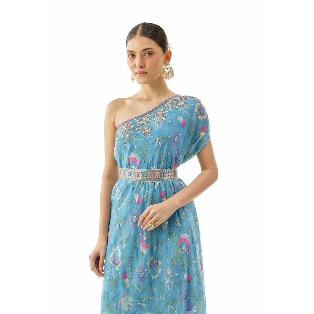 Gopi Vaid Clo One Shoulder Dress with Belt - Blue