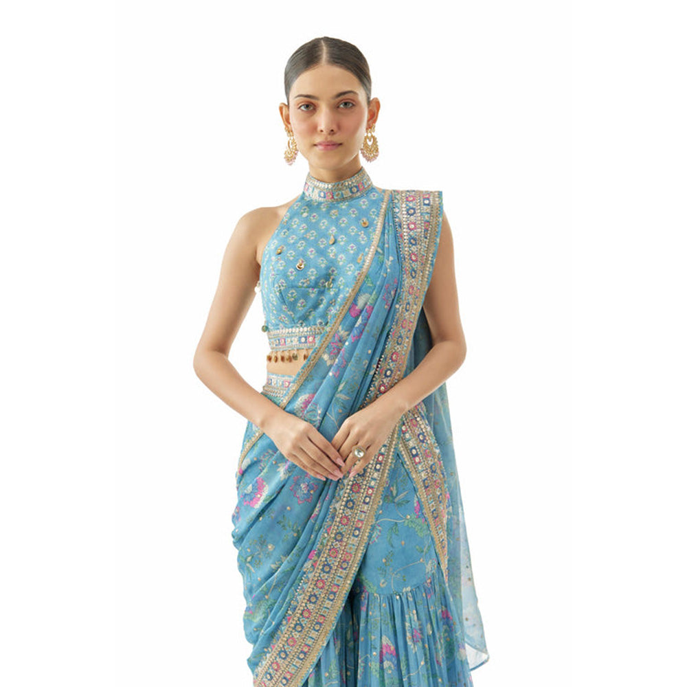 Gopi Vaid Pakhi Sharara Saree with Stitched Blouse