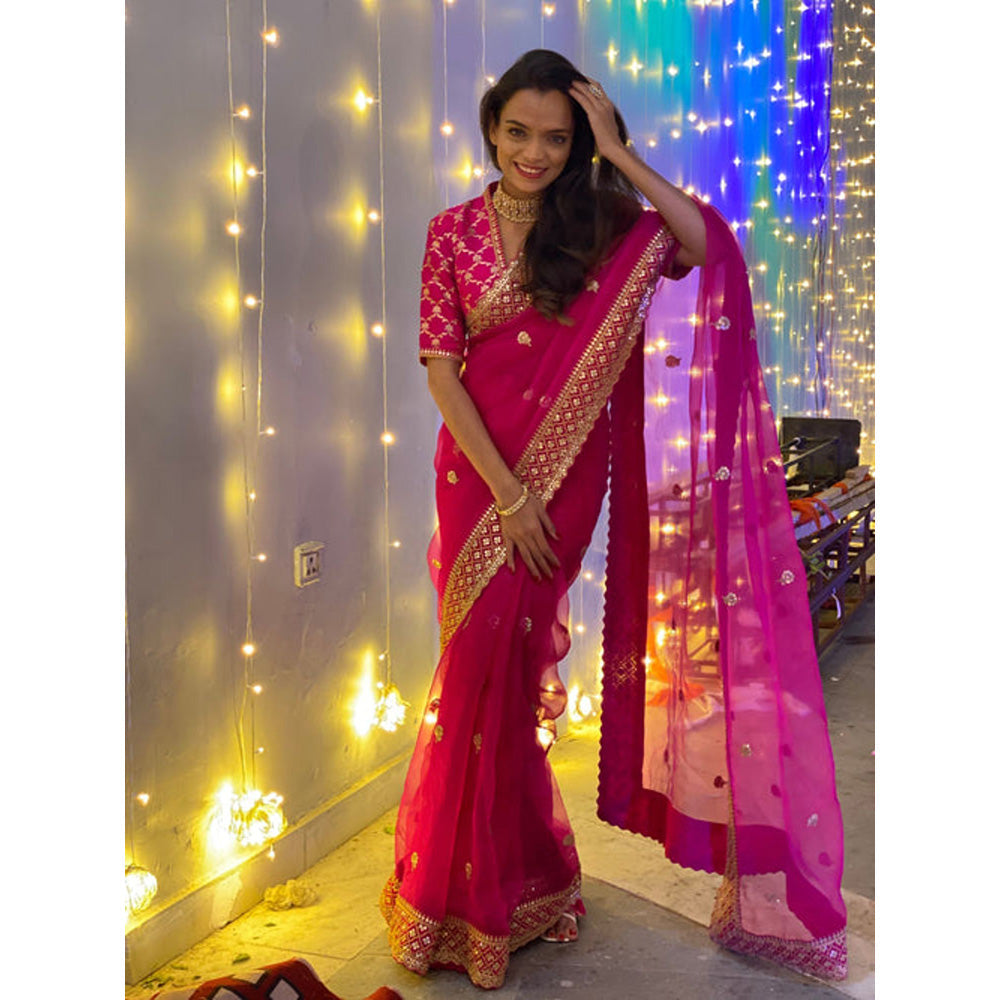 Gopi Vaid Monalisa Mahapatra in Marigold Brocade Saree with Stitched Blouse