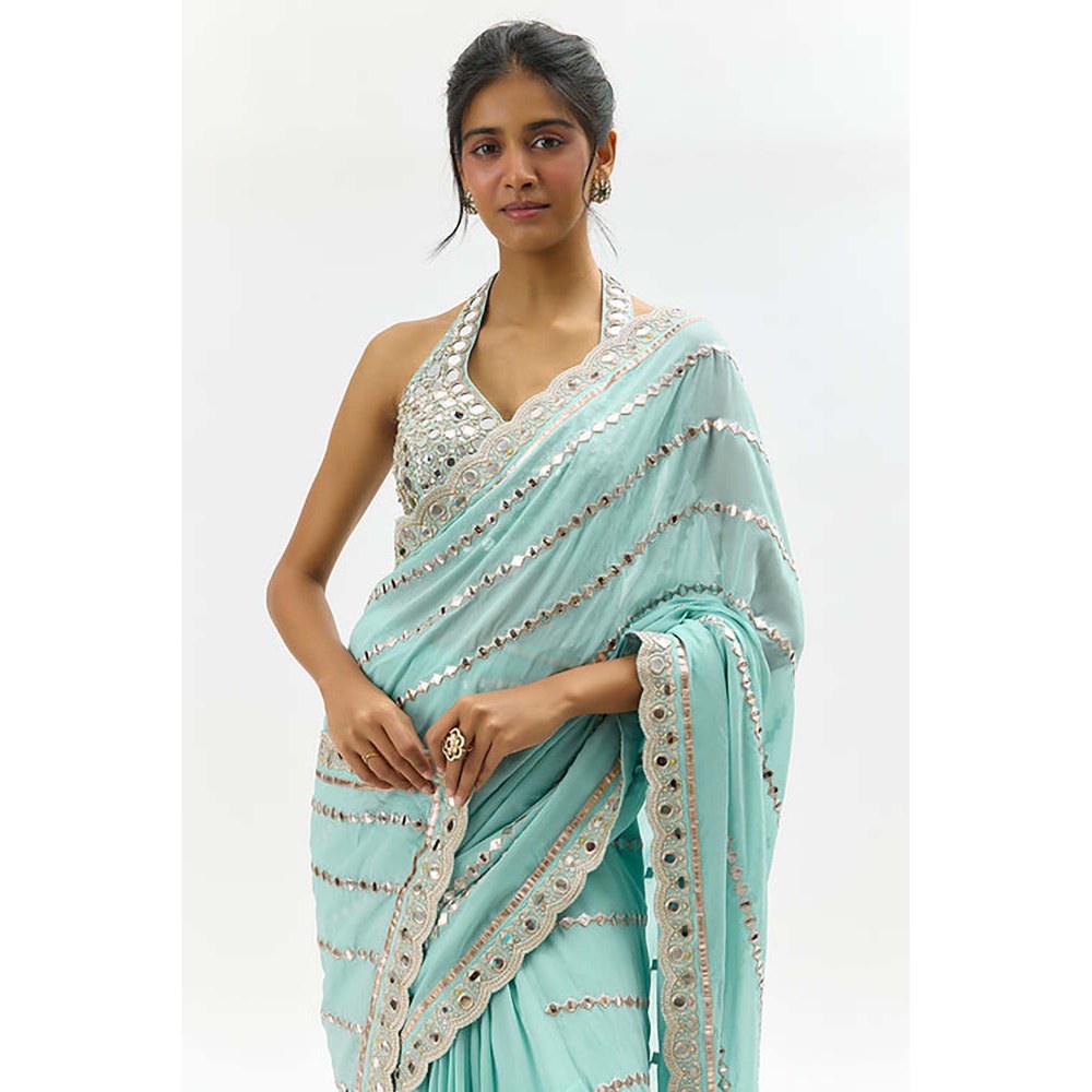 Gopi Vaid Aradhana Mirror Embroidered Powder Blue Saree with Stitched Blouse