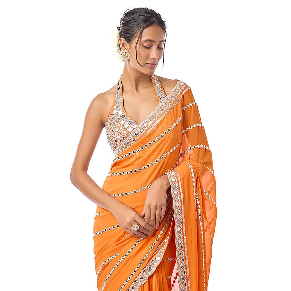 Gopi Vaid Aradhana Orange Embroidered Aree with Stitched Blouse