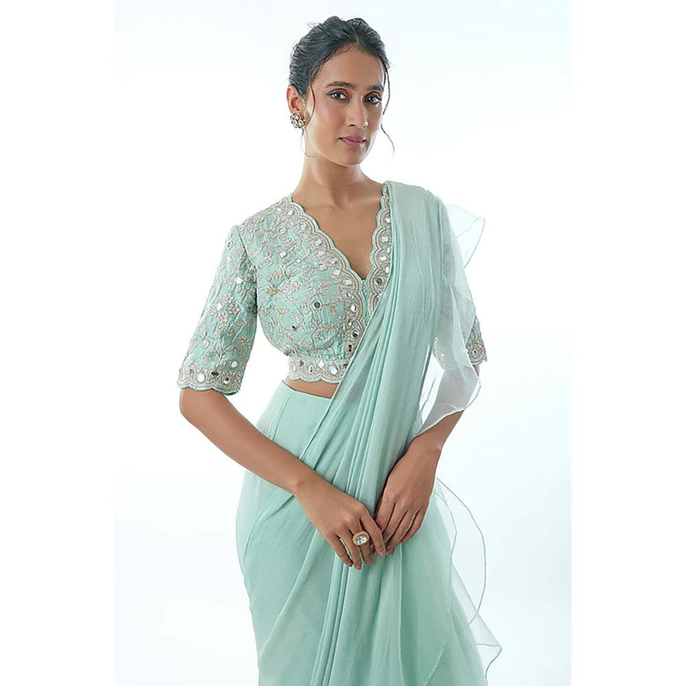 Gopi Vaid Ganika Powder Blue Mirror Embellished Saree with Stitched Blouse