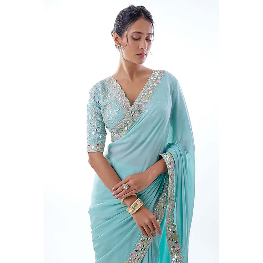 Gopi Vaid Meili Embroidered Powder Blue Saree with Stitched Blouse