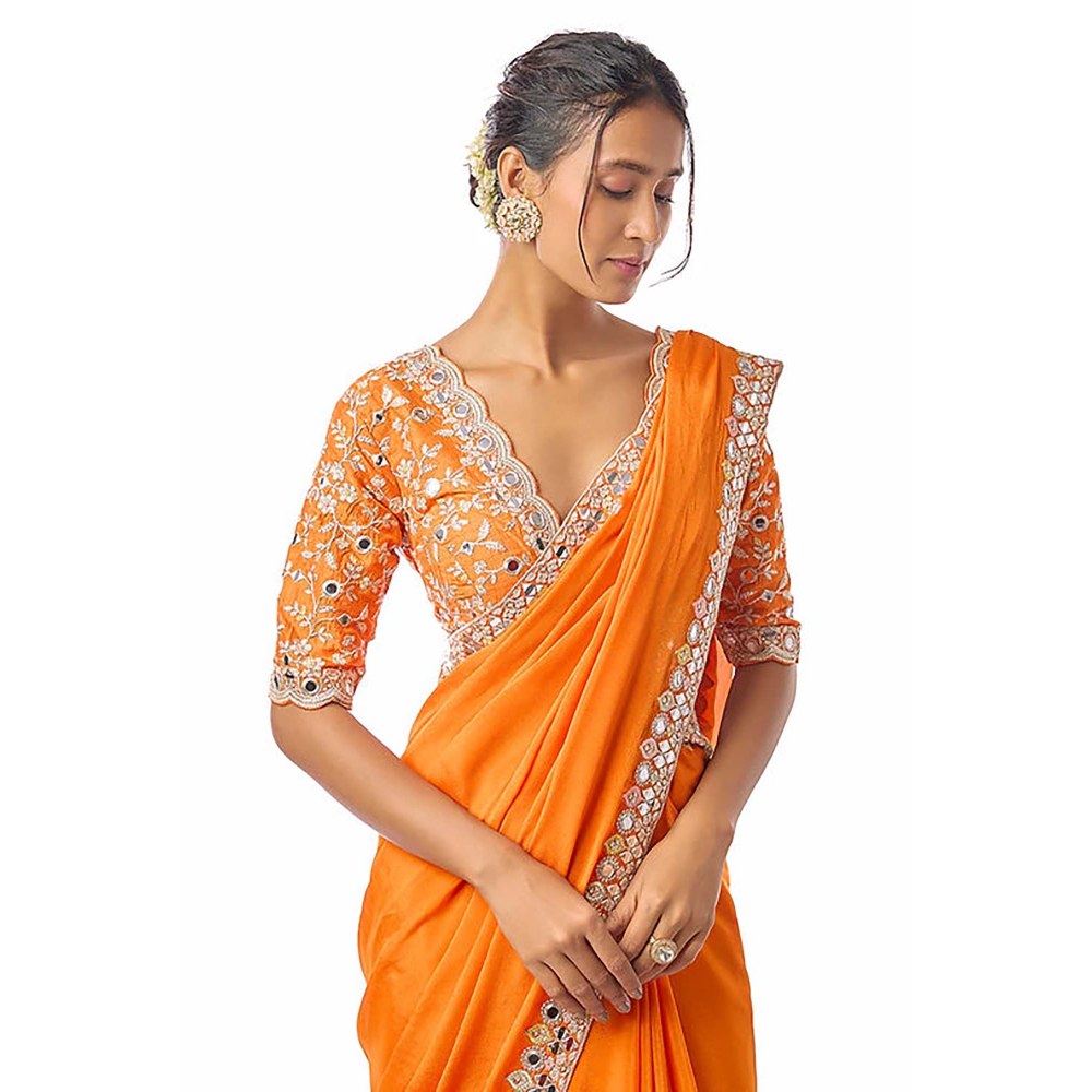 Gopi Vaid Meili Orange Embroidered Aree with Stitched Blouse