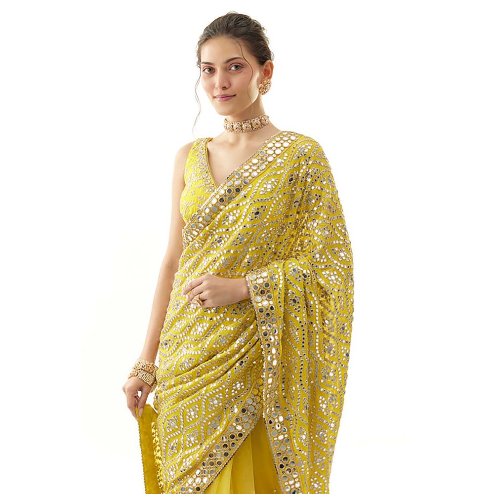 Gopi Vaid Mirai Yellow Embroidered Saree with Stitched Blouse