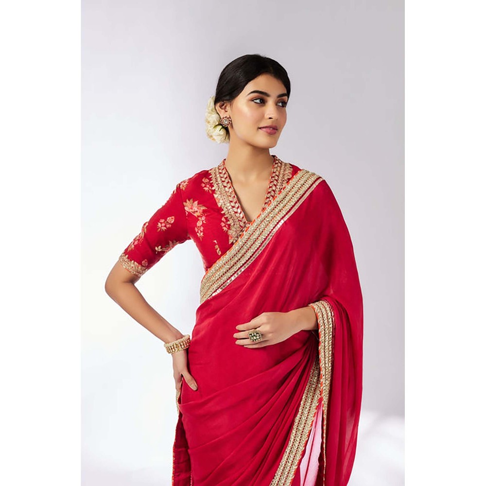 Gopi Vaid Anisha Red Embroidered Aree with Stitched Blouse