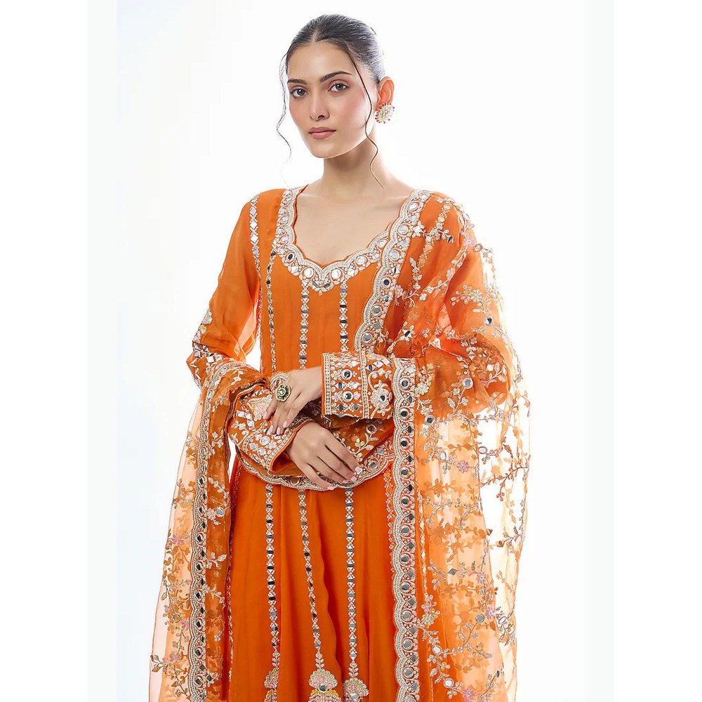 Gopi Vaid Cheshtha Orange Anarkali Kurta with Pant and Dupatta