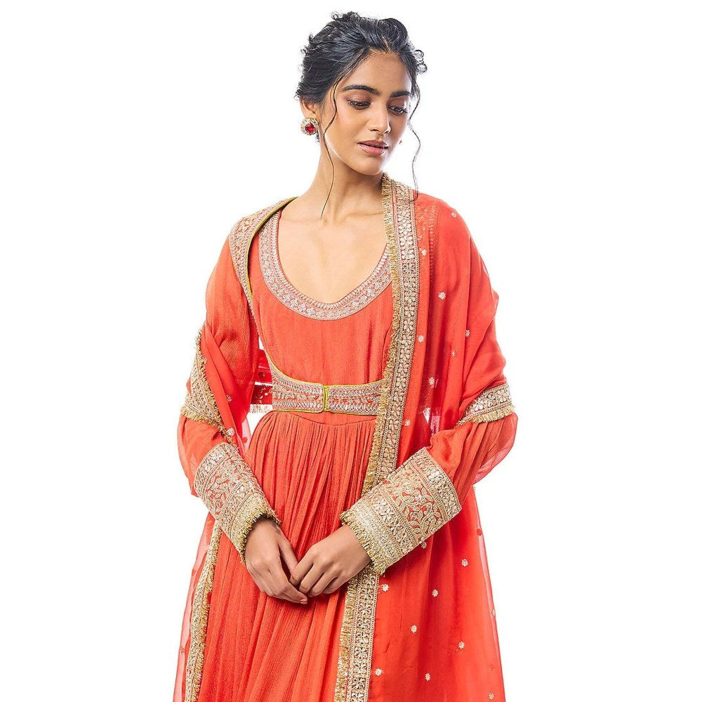 Gopi Vaid Afsa Orange Anarkali Kurta Churidar with Jacket and Dupatta