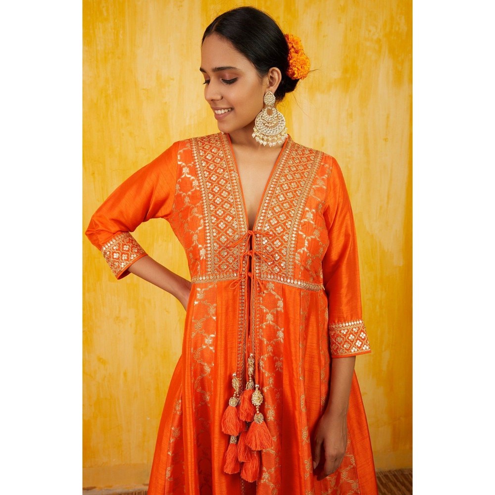 Gopi Vaid Marigold Brocade Orange Anarkali Jacket with Sharara