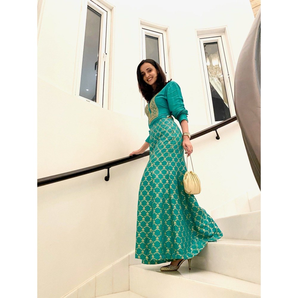 Gopi Vaid Marigold Brocade Aqua Shirt with Palazzo