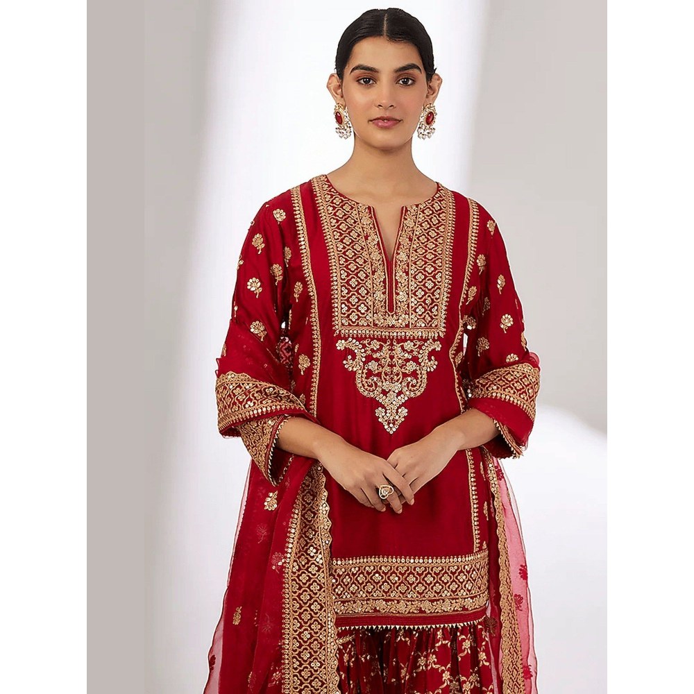 Gopi Vaid Marigold Brocade Red Kurta with Sharara and Dupatta