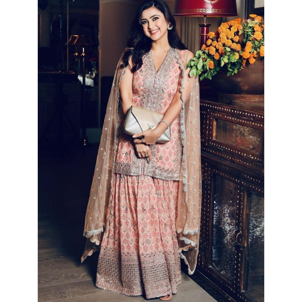 Gopi Vaid Nusrat Sleeveless Pink Kurta with Sharara and Dupatta