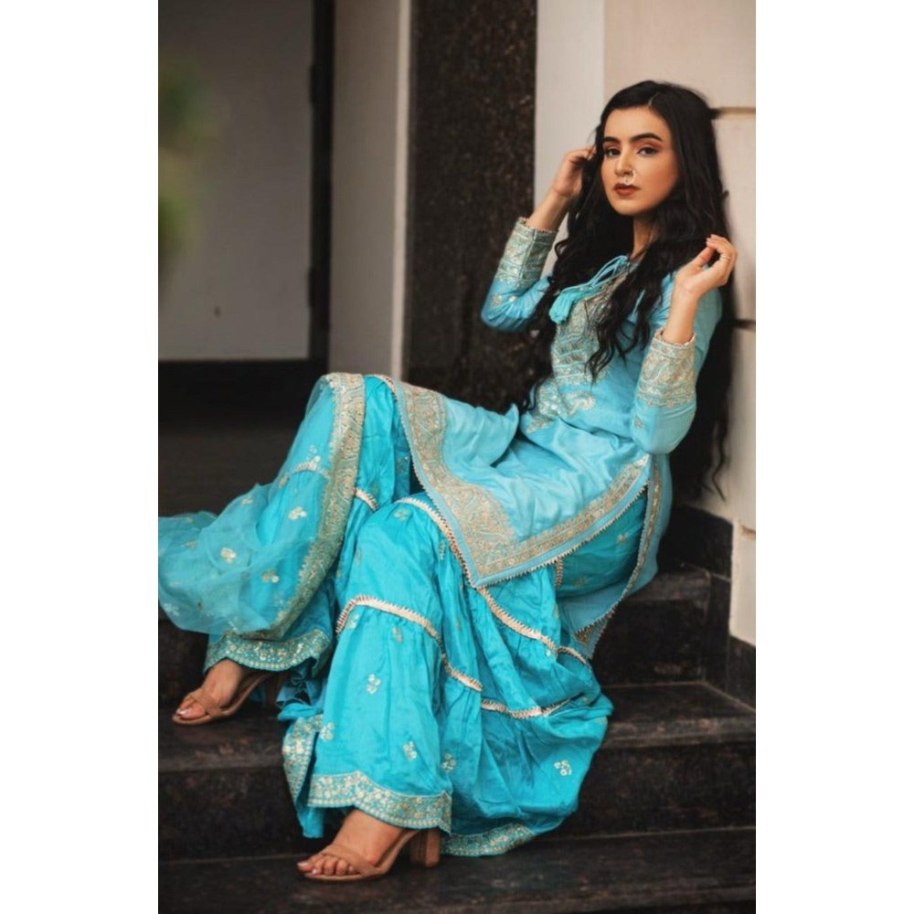 Gopi Vaid Rati Blue Kurta with Sharara and Dupatta