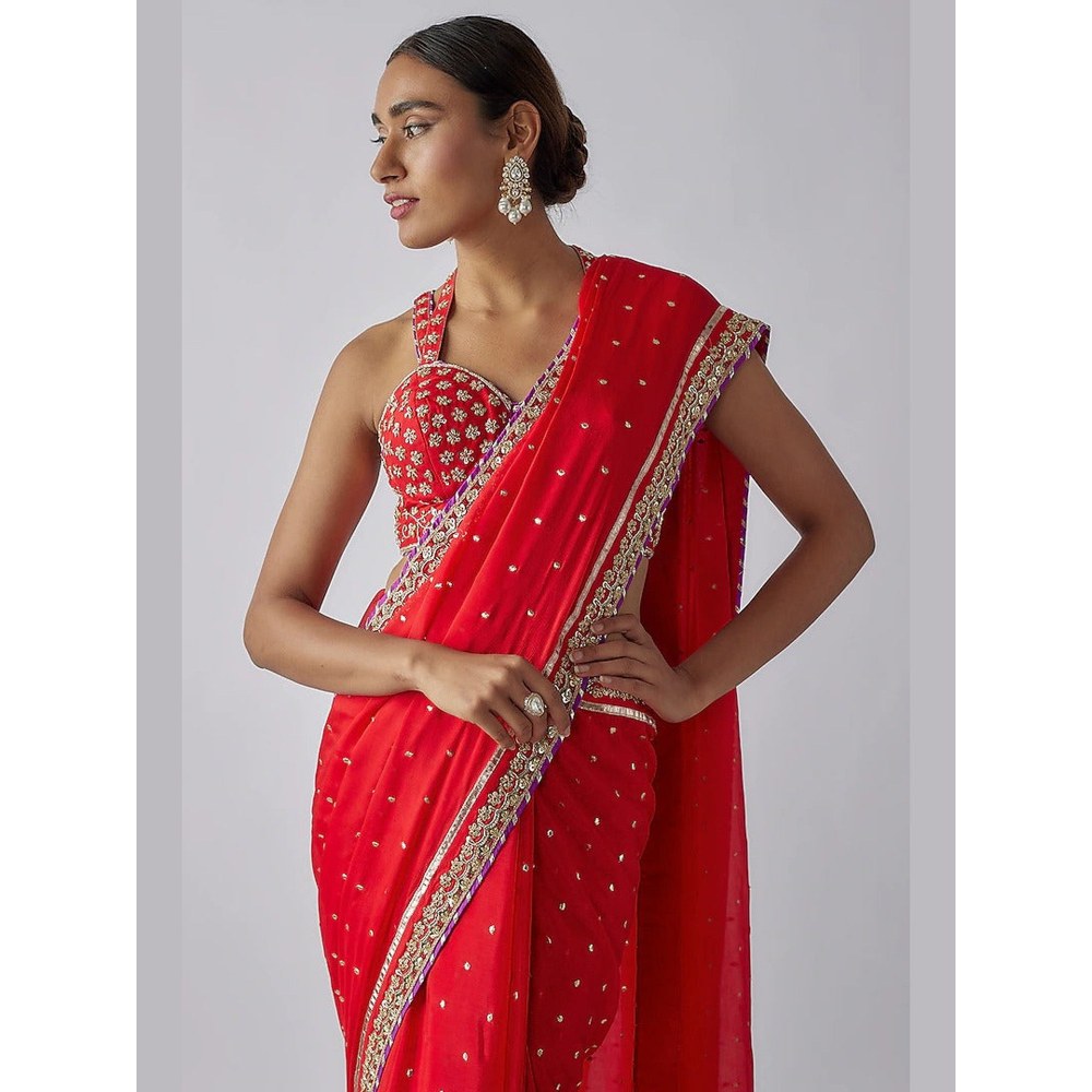Gopi Vaid Red Golconda Uzvi Saree with Stitched Blouse