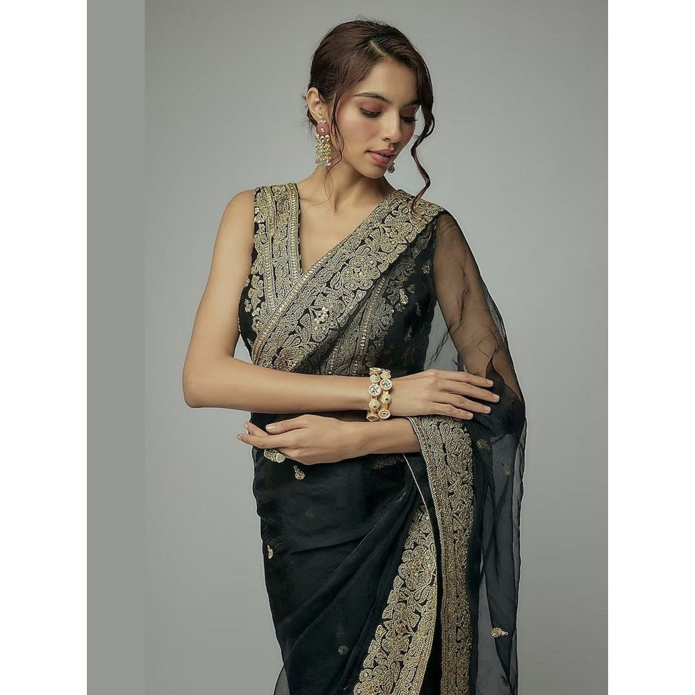 Gopi Vaid Black Golconda Maahi Organza Saree with Stitched Blouse