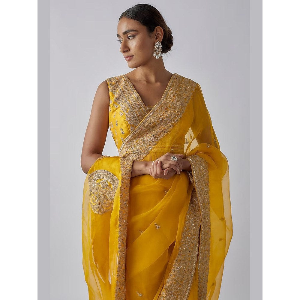Gopi Vaid Yellow Golconda Maahi Organza Saree with Stitched Blouse