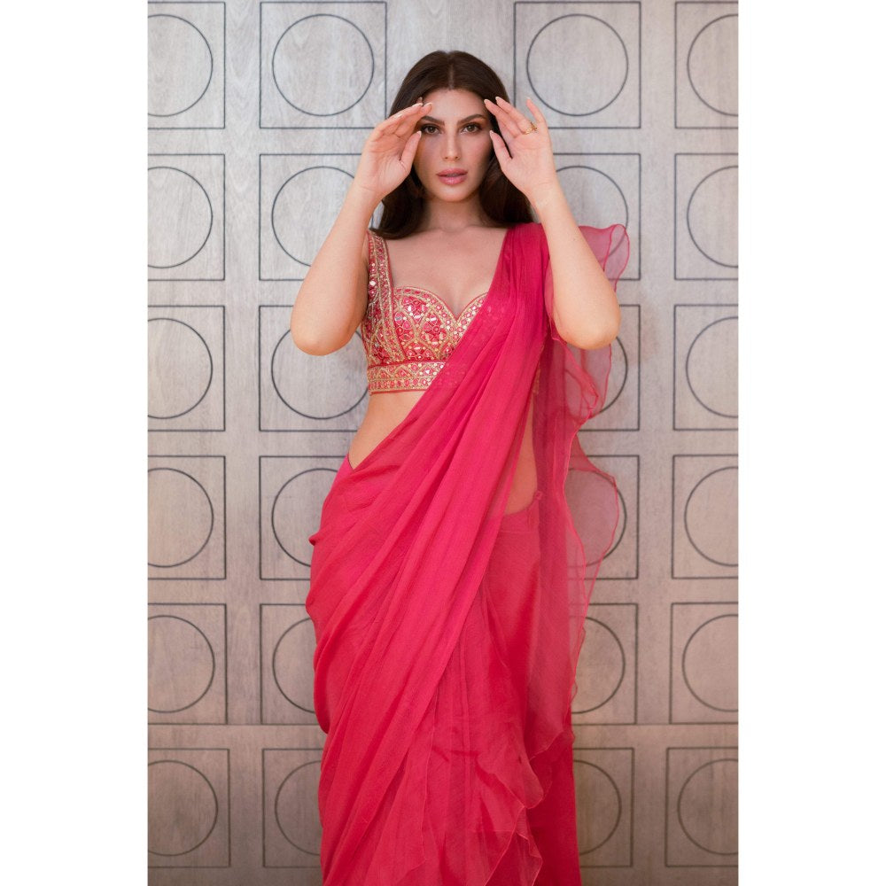 Gopi Vaid Pink Richa Ruffle Pre-Draped Saree with Stitched Blouse