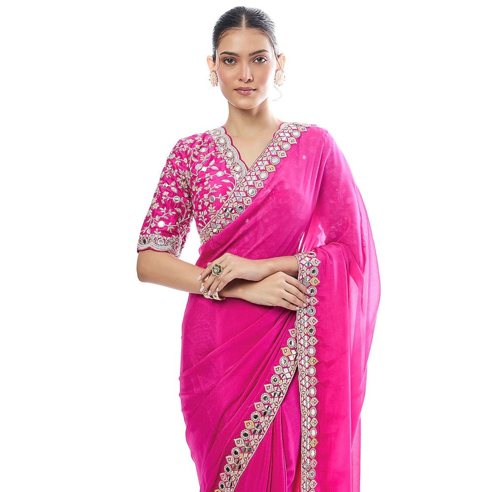 Gopi Vaid Rani Pink Meili Saree with Stitched Blouse