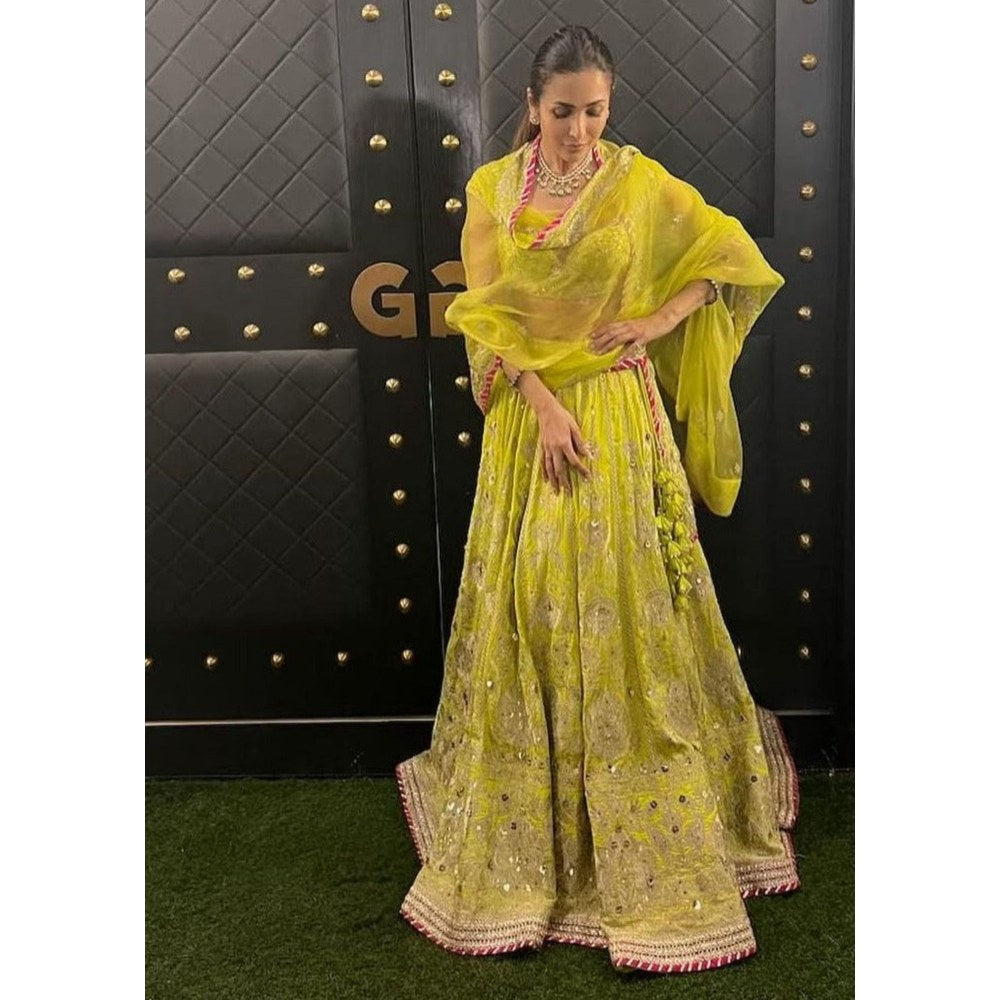 Gopi Vaid Malaika Arora In Golconda Nayla Lime Green Skirt with Blouse and Dupatta