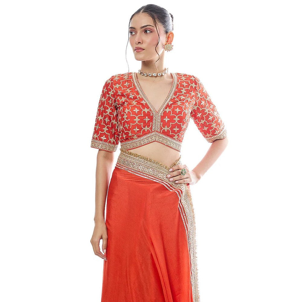 Gopi Vaid Orange Zehra Saree with Stitched Blouse