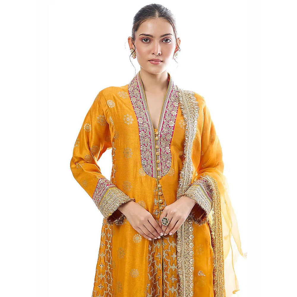 Gopi Vaid Mehrunissa Mustard Embroidered Anarkali Kurta with Palazzo and Dupatta