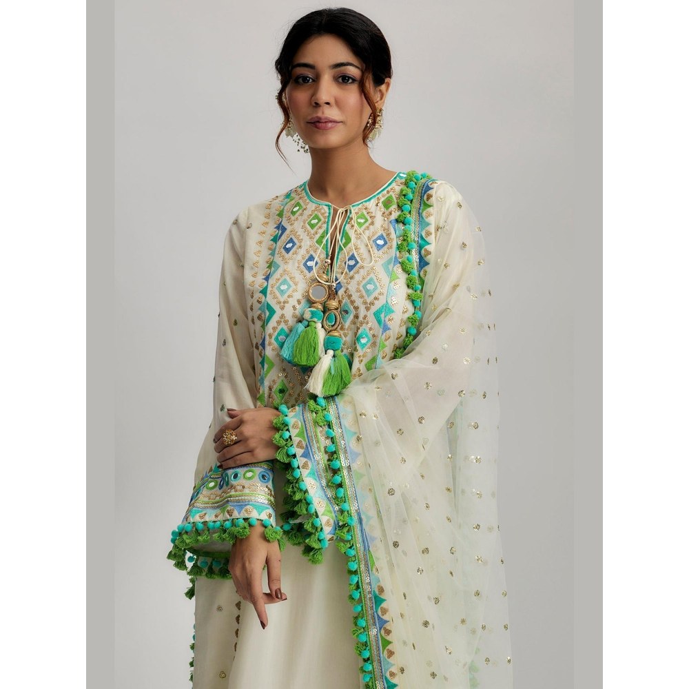 Gopi Vaid Nishika Ivory Embroidered Kurta with Palazzo and Dupatta