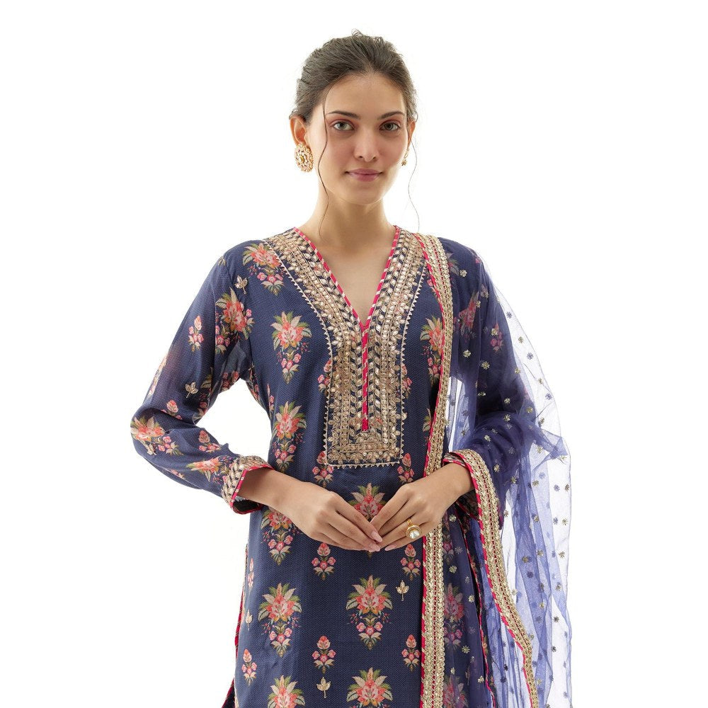 Gopi Vaid Sadhna Navy Blue Floral Kurta with Sharara and Dupatta
