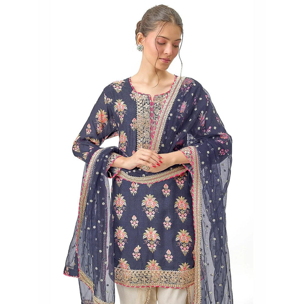 Gopi Vaid Moulika Navy Blue Floral Kurta with Dhoti Pant and Dupatta